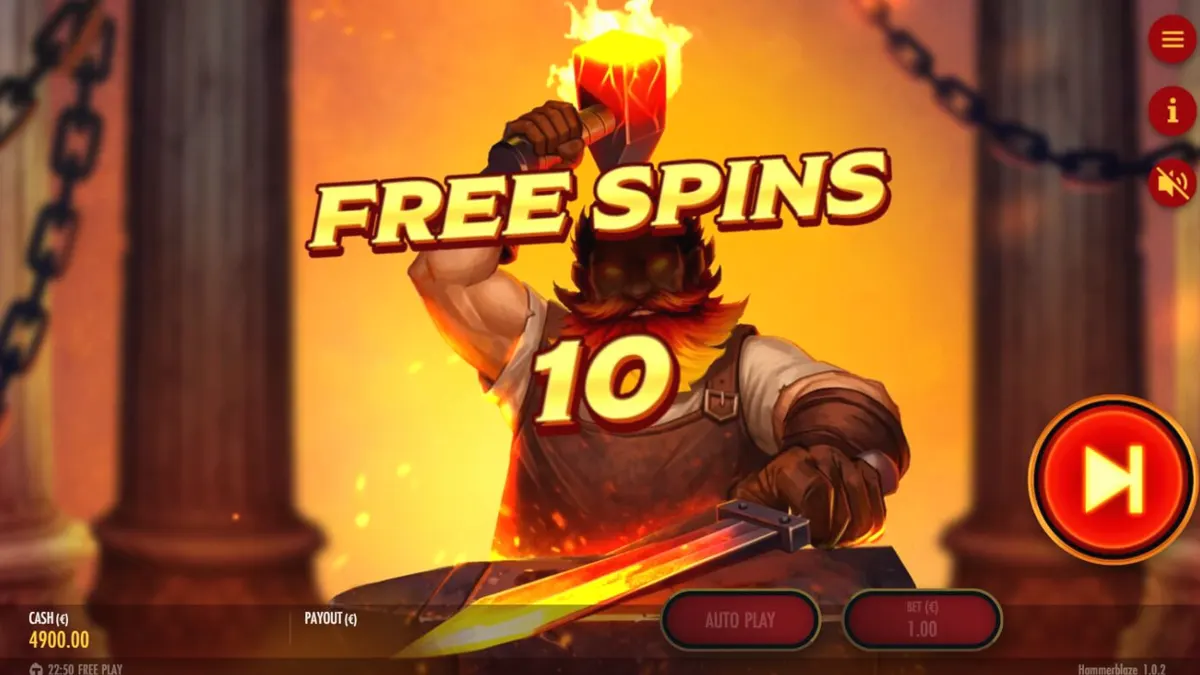 Tampilan visual slot Hammerblaze dengan tema gunung berapi dan penempaan dewa.