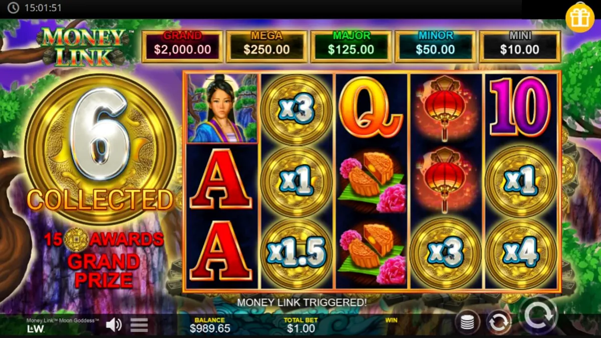 Money Link Moon Goddess slot game interface with celestial theme